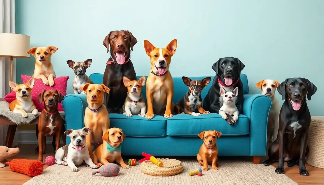 Various dog breeds like Chihuahua and Great Dane displayed with toys and furniture.