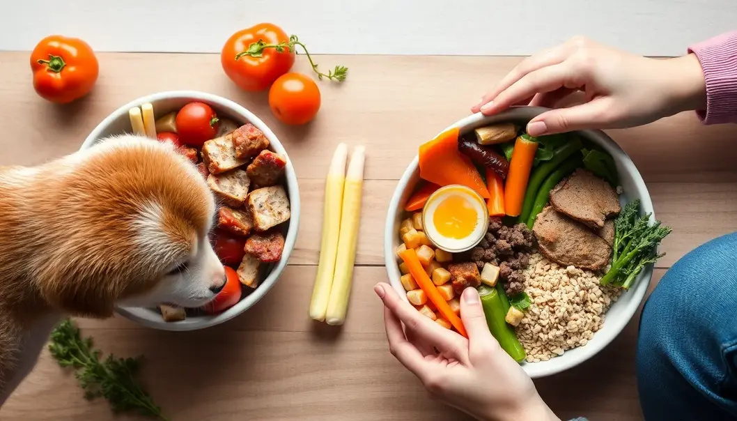A family enjoying a nutritious meal together with their pet.