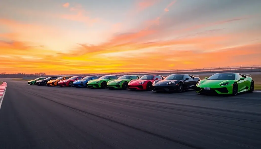 Diverse eco-friendly sports vehicles on a race track under a sunset, showcasing their design and sustainability.