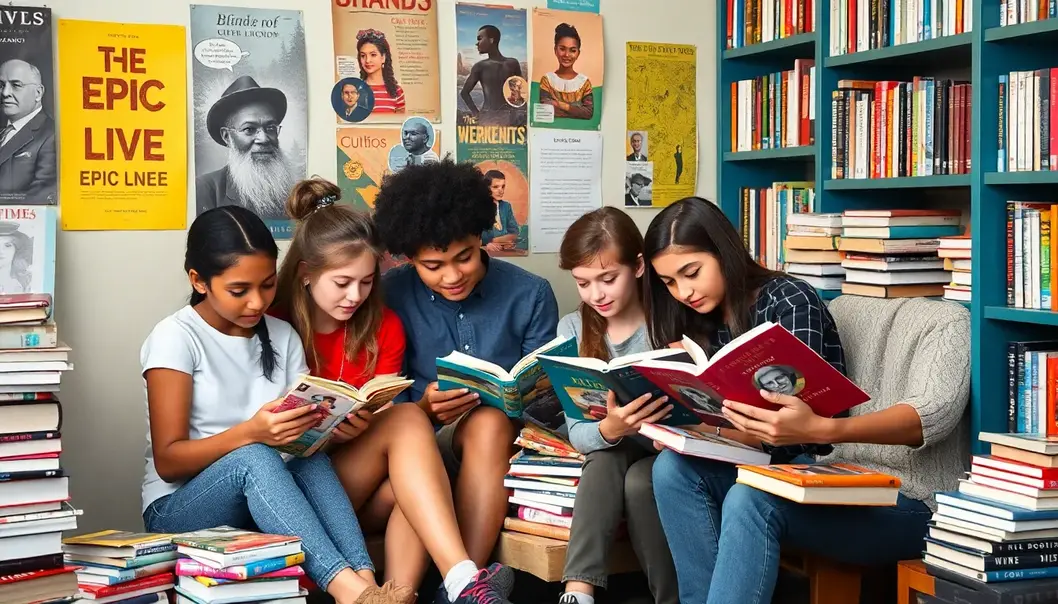 A group of teenagers reading in a cozy library with vibrant decor.