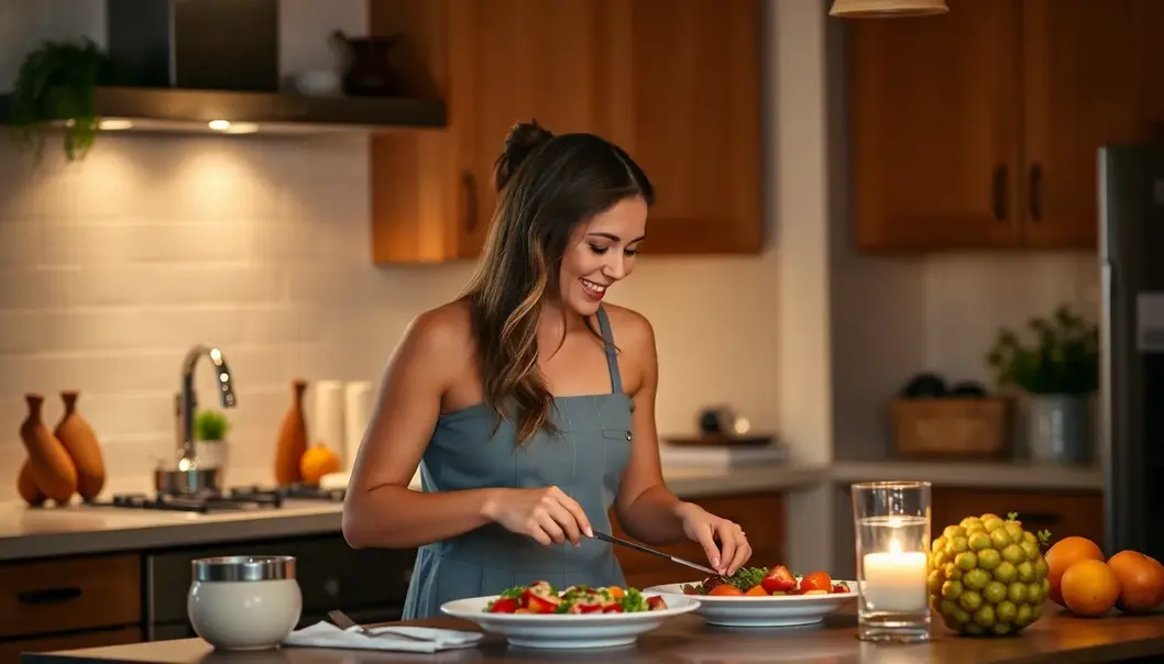 A couple lovingly preparing a meal together in a softly lit, romantic kitchen setting.