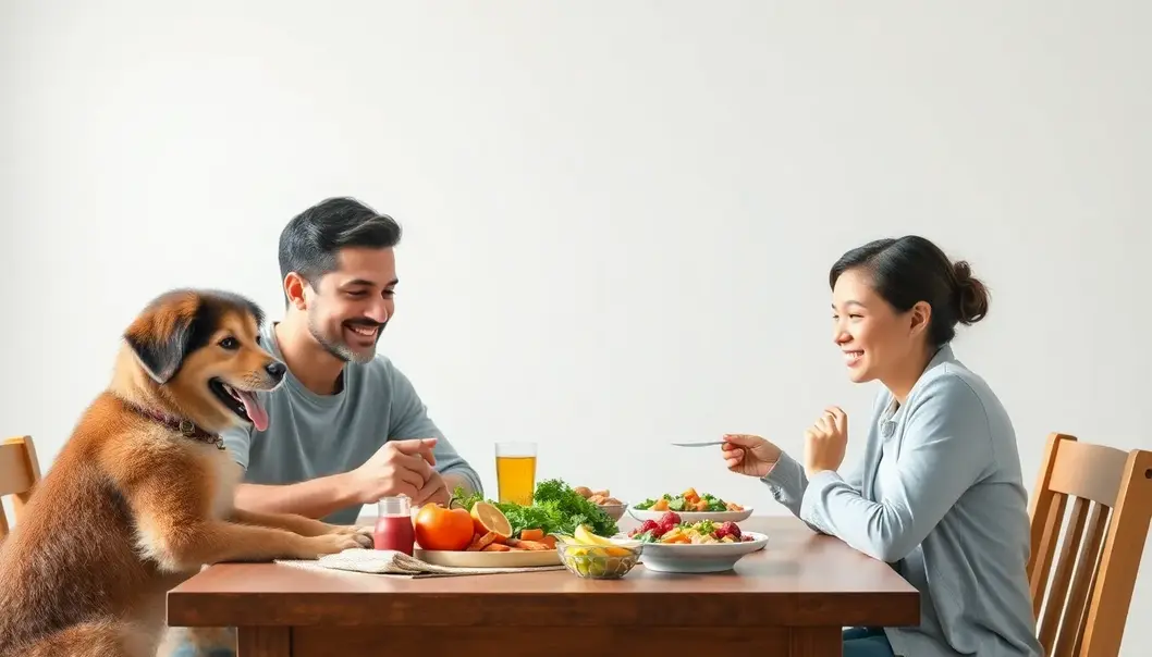 A family enjoying a nutritious meal together with their pet.