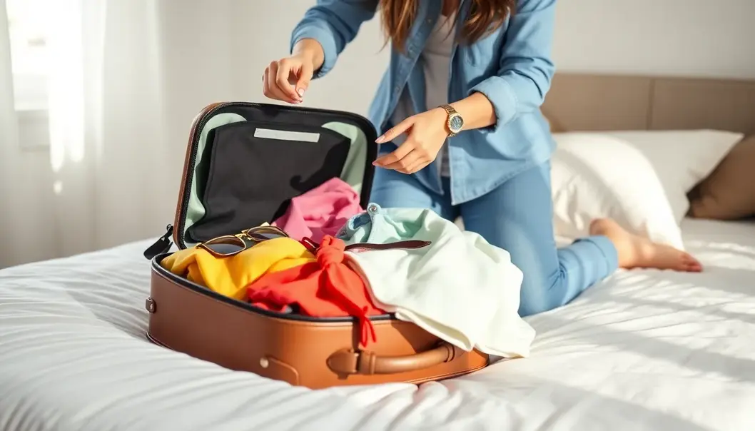 A minimalist room with a traveler packing a stylishly-filled compact suitcase.