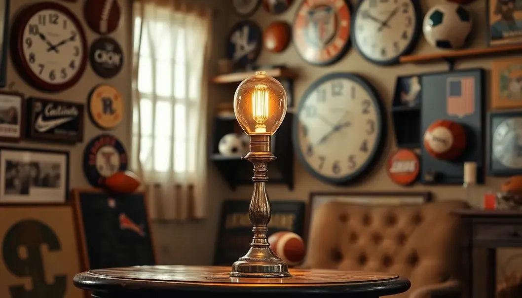 Restored vintage lamp illuminating a room adorned with sports memorabilia.
