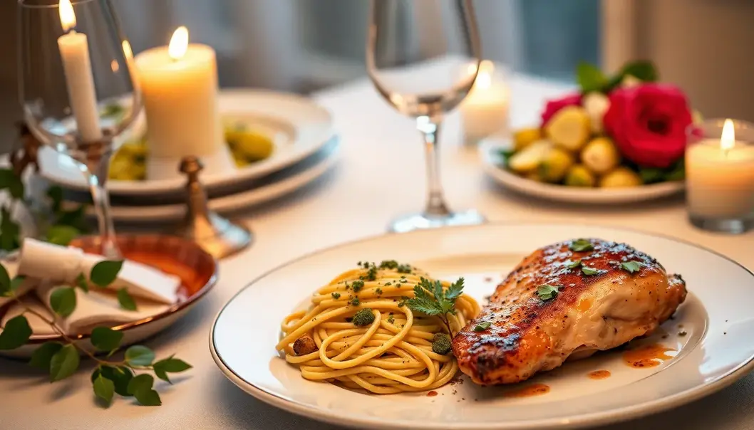 Elegant meals for two under a romantic candlelit setting.