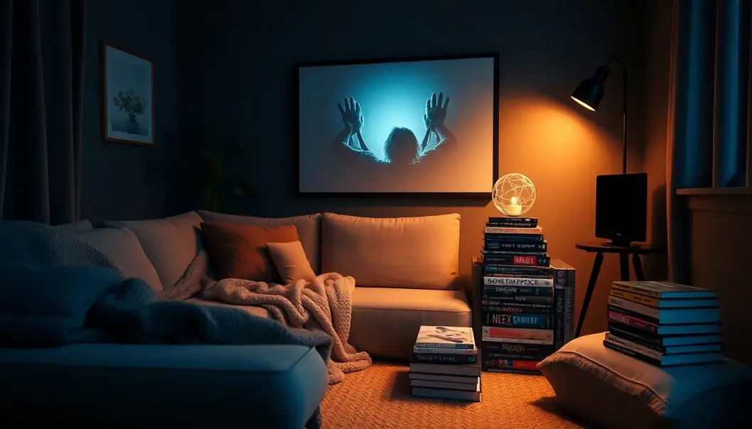 A relaxing movie-watching space with a plush sofa and calming lighting.